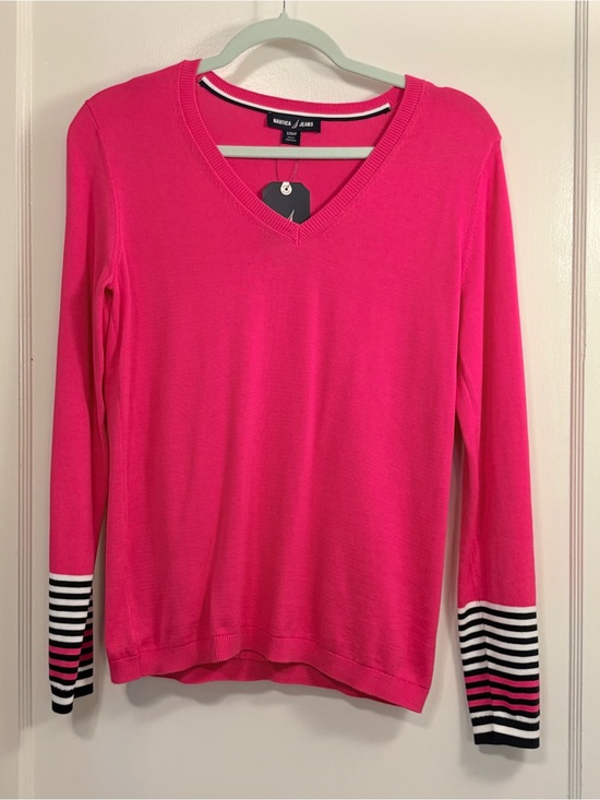 Nautica Sweaters - Nautica Bright Pink V-Neck Sweater with Striped Neck Trim